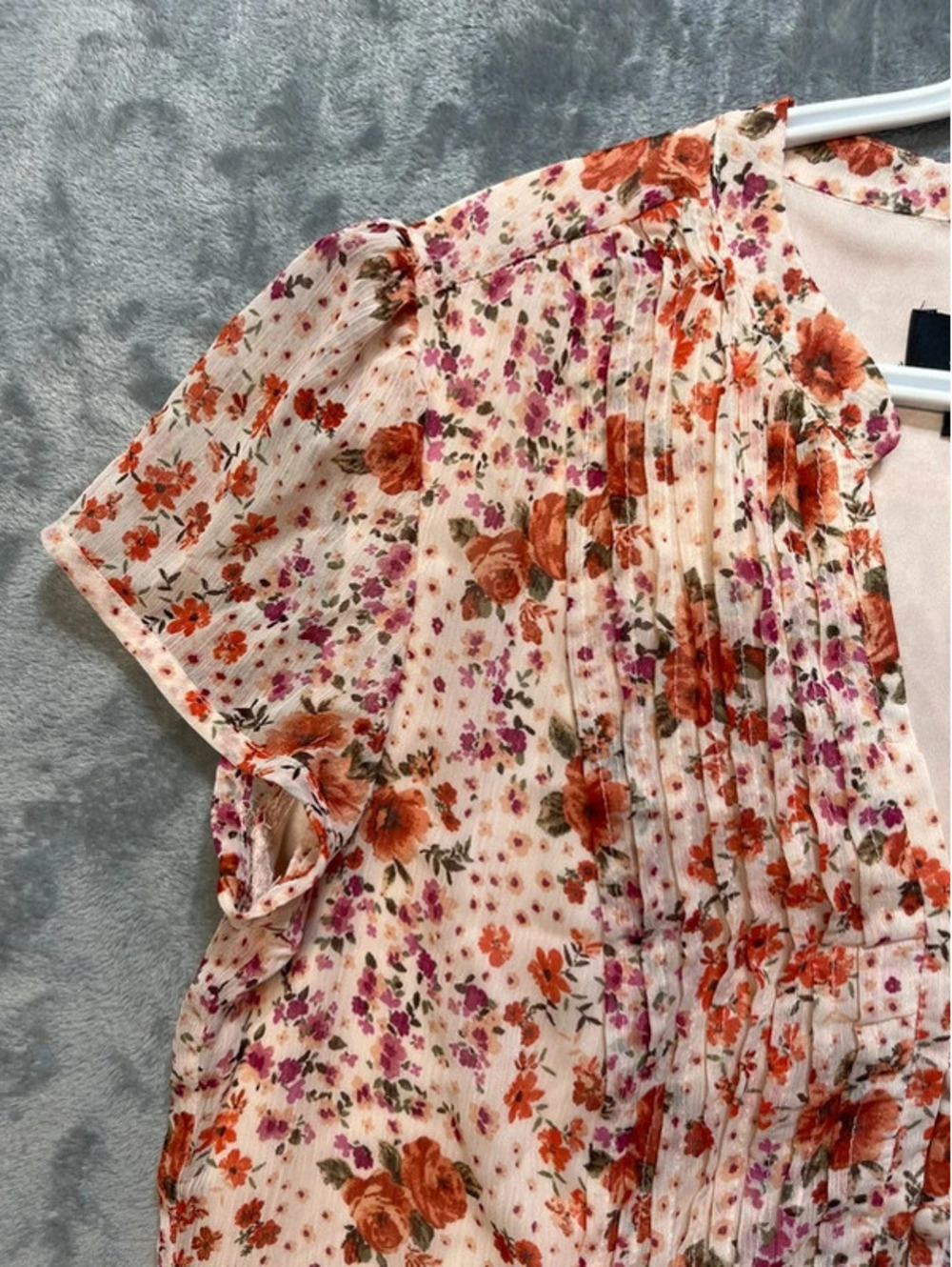 MSK Womens Floral Dress Size 12 Peach Orange Chiffon Pleated V Neck Short Sleeve - Picture 6 of 11